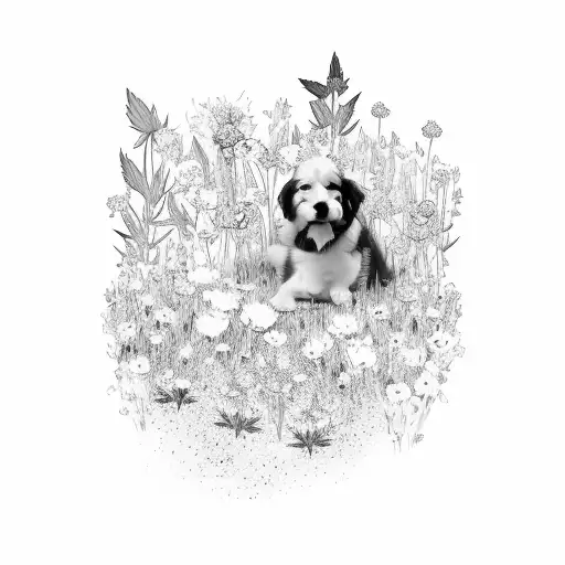 A dreamy composition of your best friend and her dog lying in a sunlit meadow, surrounded by flowers and cannabis plants. tattoo design idea