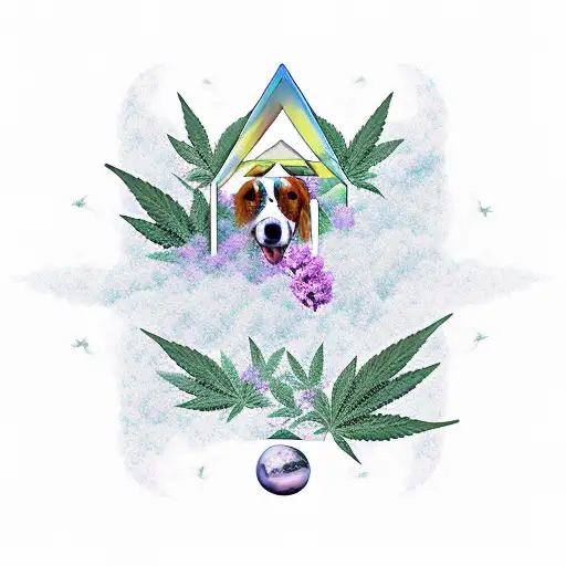 A mystical representation of your best friend and her dog ascending to heaven, with flowers and cannabis leaves adorning their path. tattoo design idea