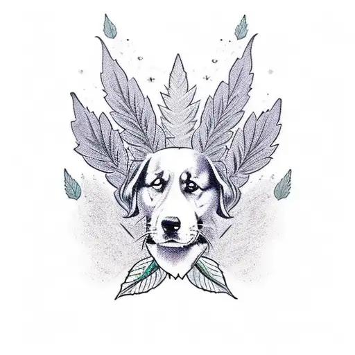 A mystical representation of your best friend and her dog ascending to heaven, with flowers and cannabis leaves adorning their path. tattoo design idea