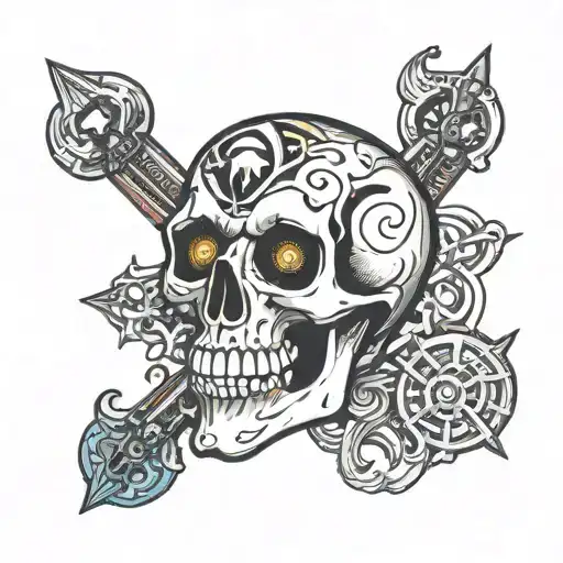 skull with third eye and LSD on tongue sticking out surrounded tattoo design idea