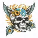 skull with third eye and LSD on tongue sticking out surrounded tattoo design idea