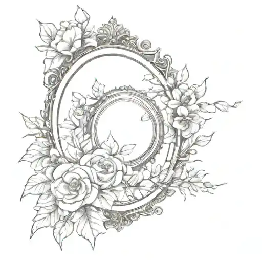  mirror small flowers. frame  on the top a crown, on the down a watch, to le left  camera, to the right poker car fine  tattoo design idea