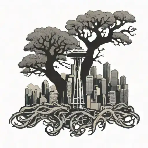 Seattle skyline silohuette with tree roots underneath  tattoo design idea