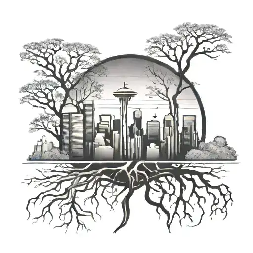 simple  Seattle skyline silohuette with tree roots underneath  tattoo design idea