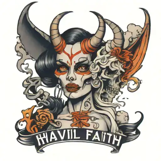 devil woman with horn on skull saying have faith with smoke all around tattoo design idea