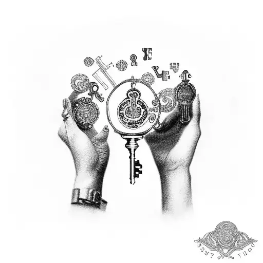 A mother's hands sewing a key onto a chest filled with luck symbols tattoo design idea