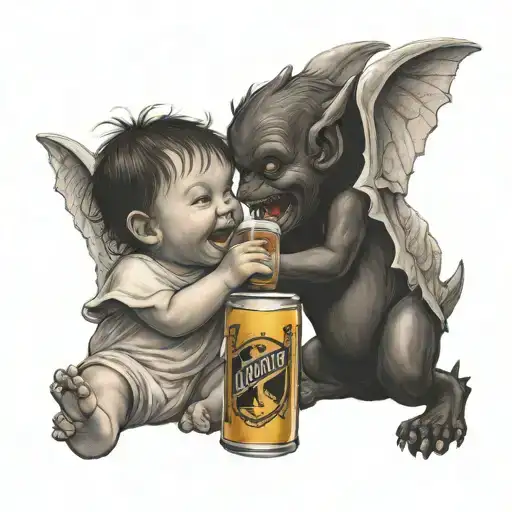 little angel and little devil laughing together drinking a beer tattoo design idea