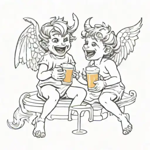 little angel and little demon laughing apart drinking a beer sitting tattoo design idea