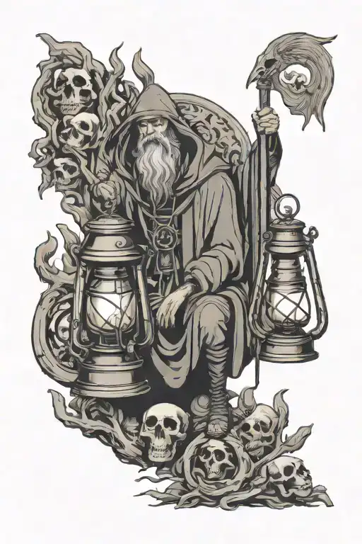 the hermit tarot card where he's holding an old lantern and standing on skulls tattoo design idea