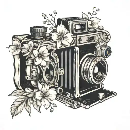 A vintage film camera surrounded by delicate flowers representing the beauty in life after overcoming a stroke tattoo design idea