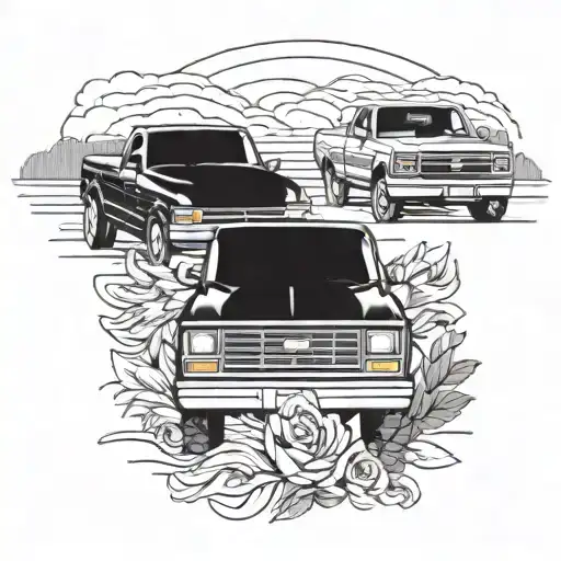 2 tucks going down a road side my side sunset 1 truck is a 1996 Ford F-150 the 2 one is a 1985 Chevrolet C10 Silverado tattoo design idea