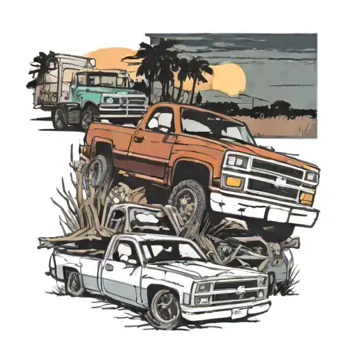 2 trucks found down a road side my side sunset showing 1 truck is a 1985 Chevrolet C10 Silverado and the other is a 1996 tattoo design idea