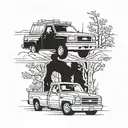 2 tucks going down a road side my side sunset 1 truck is a 1996 Ford F-150 the 2 one is a 1985 Chevrolet C10 Silverado tattoo design idea