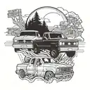 2 tucks going down a road side my side sunset 1 truck is a 1996 Ford F-150 the 2 one is a 1985 Chevrolet C10 Silverado tattoo design idea