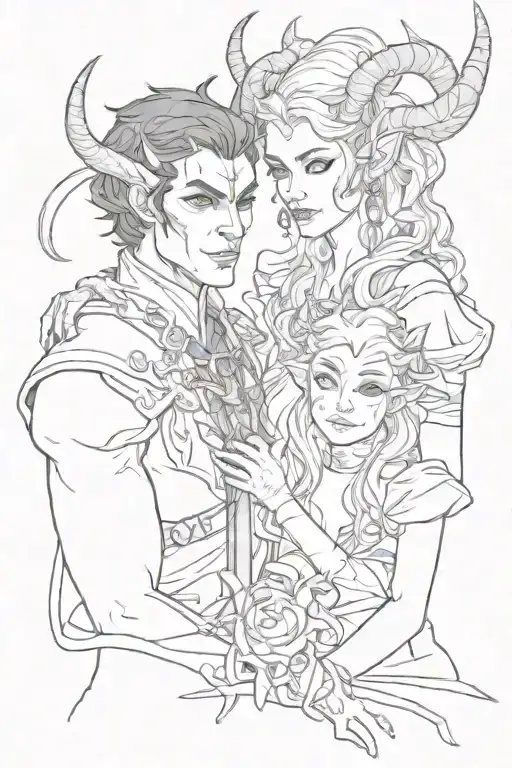 tiefling male and elf woman holding tattoo design idea