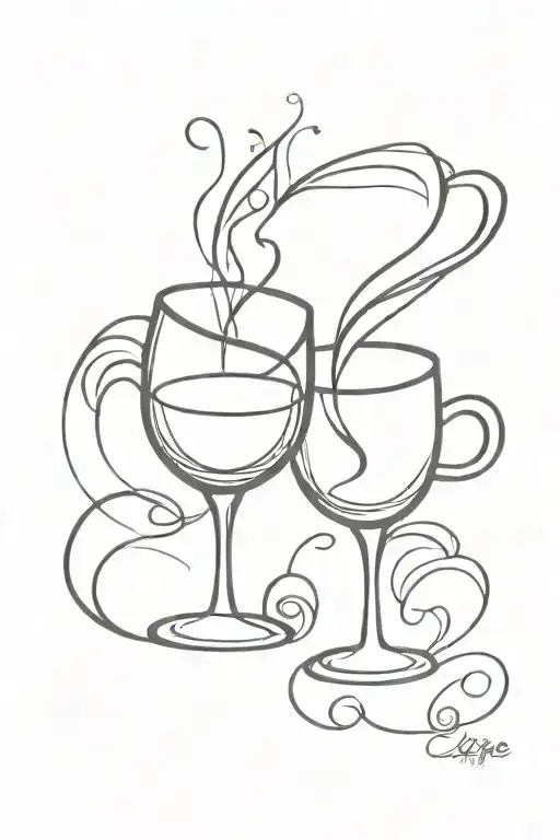 A minimalist design of a wine glass and coffee cup clinking together, symbolizing your love for drinking and coffee tattoo design idea