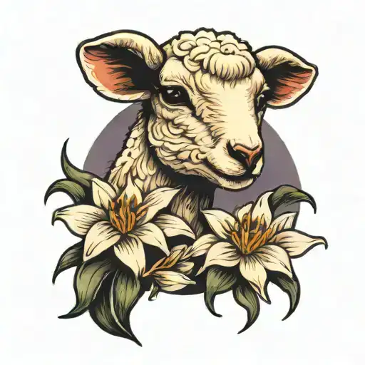 A lamb smelling a white lilly at night with a full moon tattoo design idea