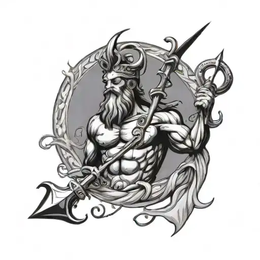 Poseidon holding a trident, rope, anchor intertwined tattoo design idea