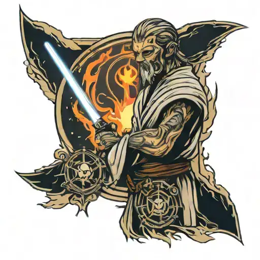 Jedi with an order symbol, on a ship and in the background a burning planet tattoo design idea