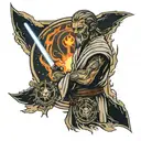 Jedi with an order symbol, on a ship and in the background a burning planet tattoo design idea