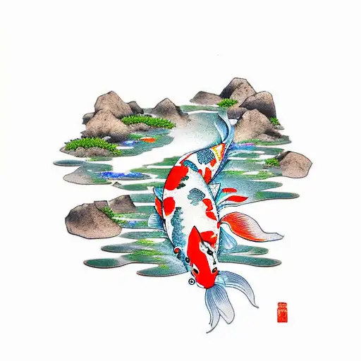 Koi Fish pond japanese garden mountaintop  tattoo design idea