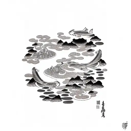 Koi Fish pond japanese garden mountaintop  tattoo design idea