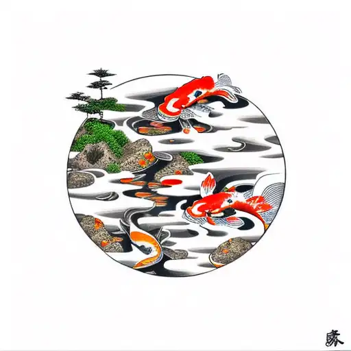 Koi Fish pond japanese garden mountaintop  tattoo design idea