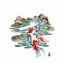 Koi Fish pond japanese garden mountaintop  tattoo design idea