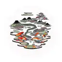 Koi Fish pond japanese garden mountaintop  tattoo design idea