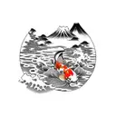 Koi Fish pond japanese garden mountaintop  tattoo design idea