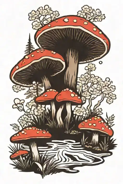 mushroom forest scene tattoo design idea