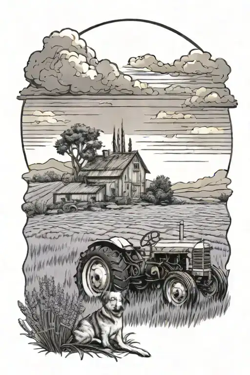 lavender field with a farm on a mound and a old tractor and dog outside with a cloudy sky and sun beams shining through  tattoo design idea