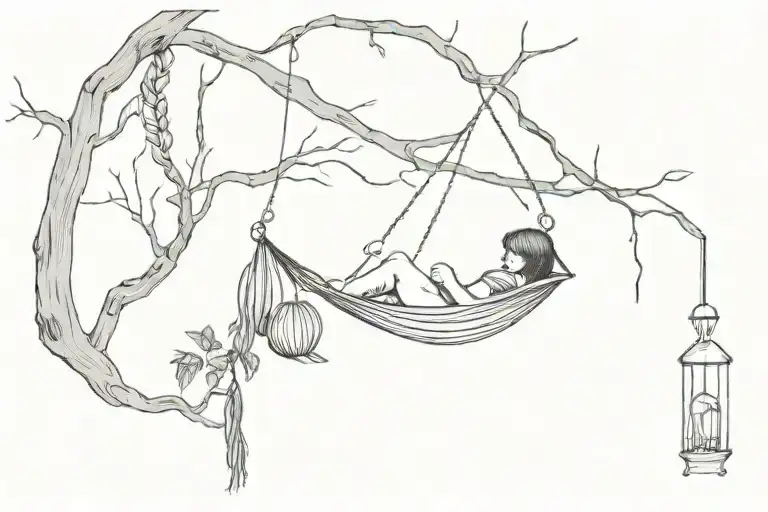hammock, tree branch, lantern, pippi braids, orphan annie locket, stingray tattoo design idea