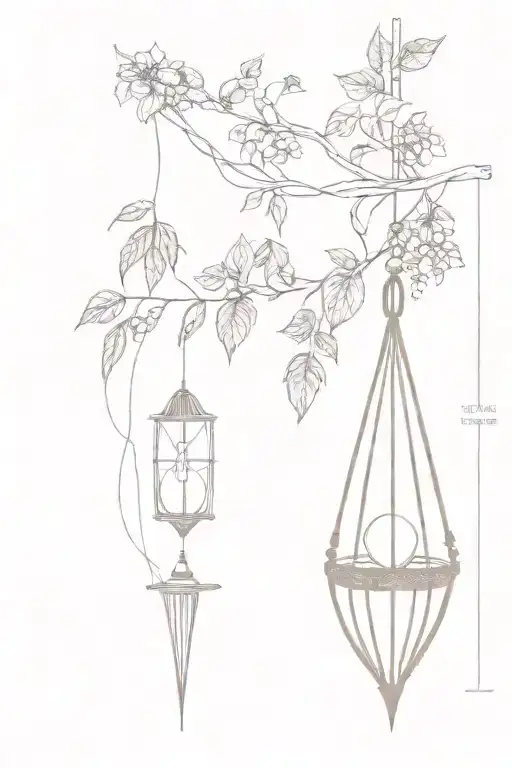 A delicate wrist cuff design representing healing with a hammock, leaves/vines/trees, a compass pointing North, a lantern/light source, braids of Pippi Longstocking, Orphan Annie, symbol for Moana's Grandmother, and the date 6-12-89 tattoo design idea