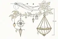A delicate wrist cuff design representing healing with a hammock, leaves/vines/trees, a compass pointing North, a lantern/light source, braids of Pippi Longstocking, Orphan Annie, symbol for Moana's Grandmother, and the date 6-12-89 tattoo design idea
