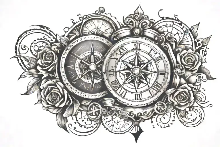 compass and clock face tattoo design idea