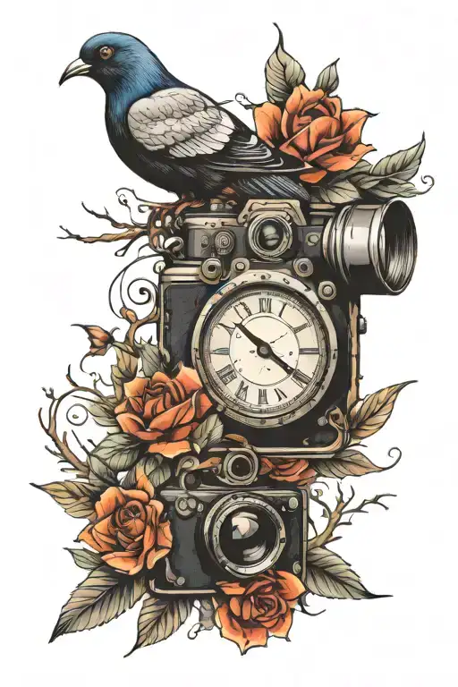 top should be pigeon and camera lens surrounded down part should be tree bottom should be date - feb 20 2024  tattoo design idea