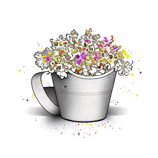 A popcorn bucket overflowing with blooming flowers tattoo design idea