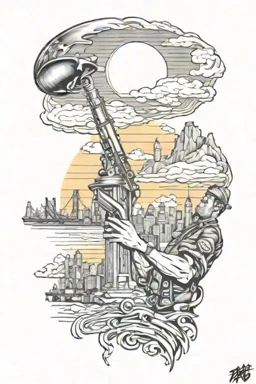 tatoo sleave of sunset skyline add mountains citiy skyline, soldiers playing taps, honoring comabt veterans  and incorpo tattoo design idea