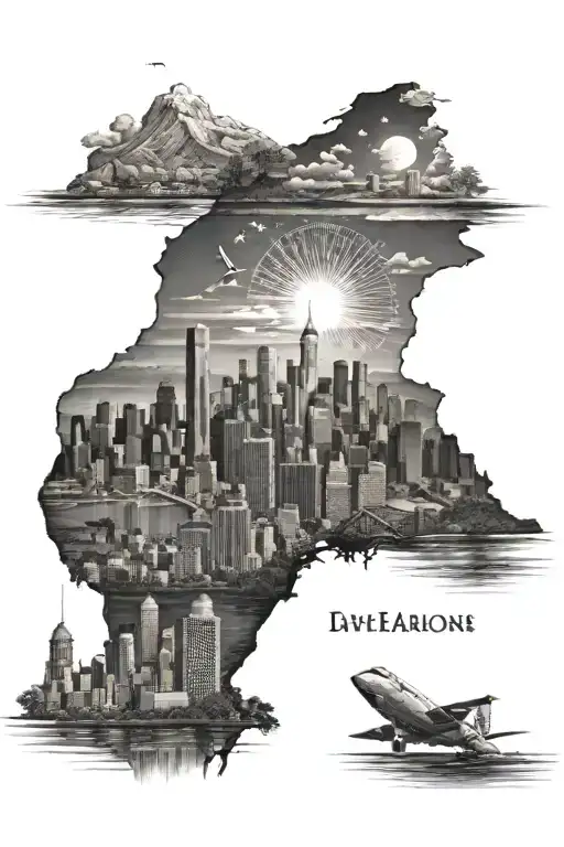 tatoo sleave of sunset skyline add mountains citiy skyline, honoring, military freedom, america add ocean and trees tattoo design idea