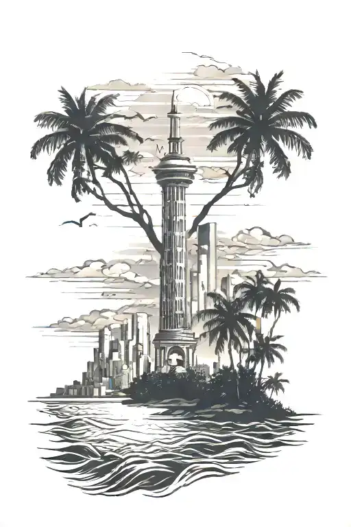 tatoo sleave of sunset skyline, honoring, military freedom, america add ocean and trees tattoo design idea