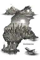 tatoo sleave of sunset skyline add mountains citiy skyline, honoring, military freedom, america add ocean and trees tattoo design idea