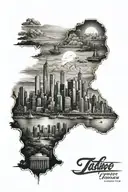 tatoo sleave of sunset skyline add mountains citiy skyline, honoring, military freedom, america add ocean and trees tattoo design idea