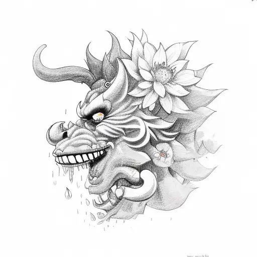 oni mask, flowers, rains  tattoo design idea