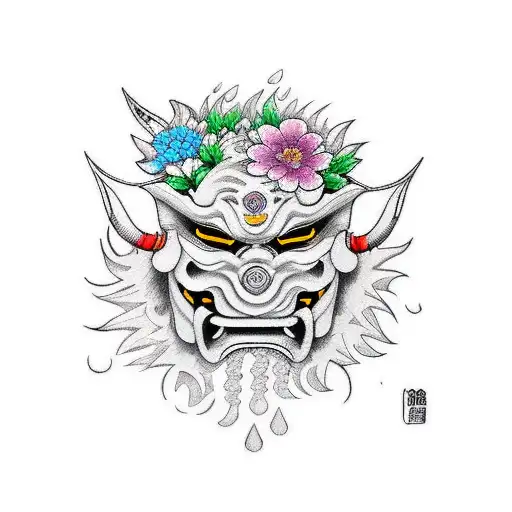 oni mask, flowers, rains  tattoo design idea