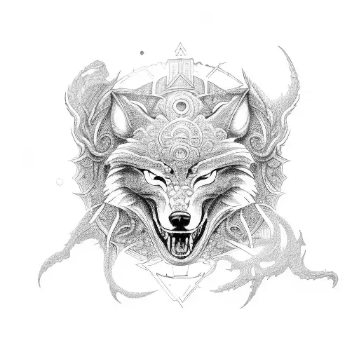 An intricate design featuring Fenrir, the monstrous wolf, surrounded by Norse symbols tattoo design idea
