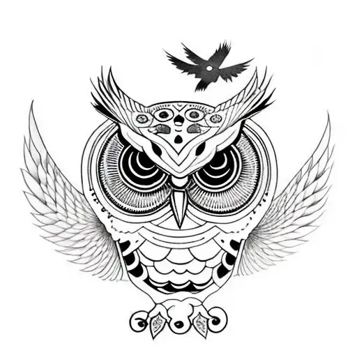 owl with dead raven tattoo design idea