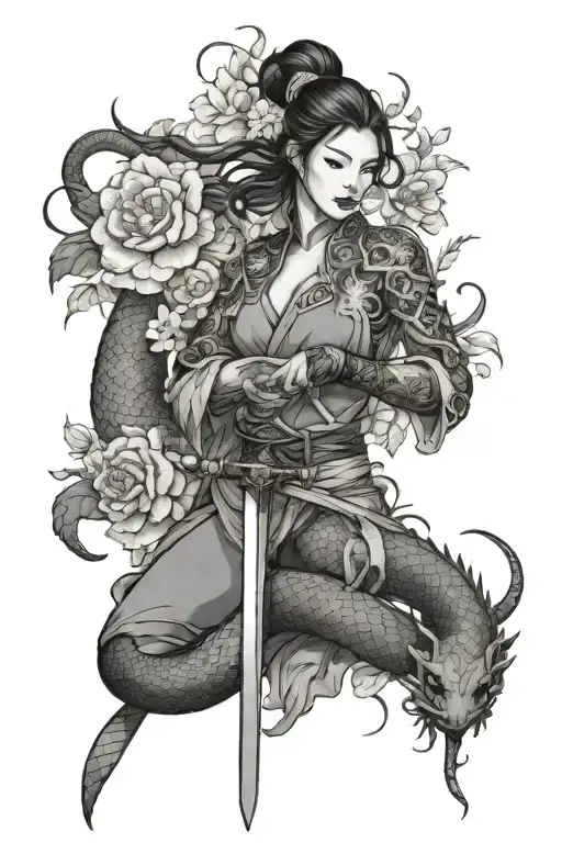 A traditional chinese Woman with a sword surrounded by a snake and a dragon, decorated with flowers and leaves  tattoo design idea