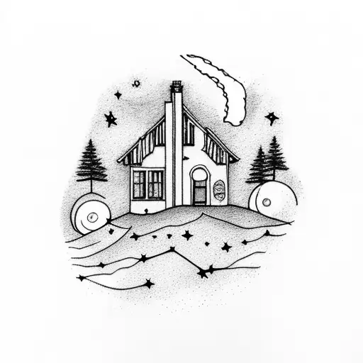 very simple two story house with a small hill in the background and the Big Dipper constellation is above them tattoo design idea
