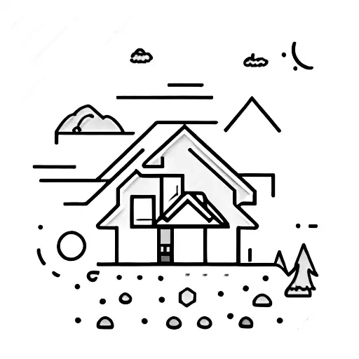 very simple two story house with a small hill in the background and the Big Dipper is above them tattoo design idea